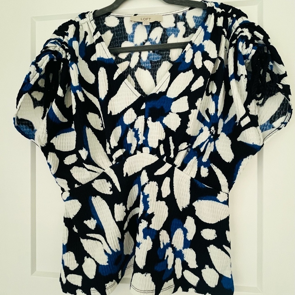 LOFT Abstract Floral Blouse -‎ Navy, White & Royal Blue with Rope Sleeve, Medium